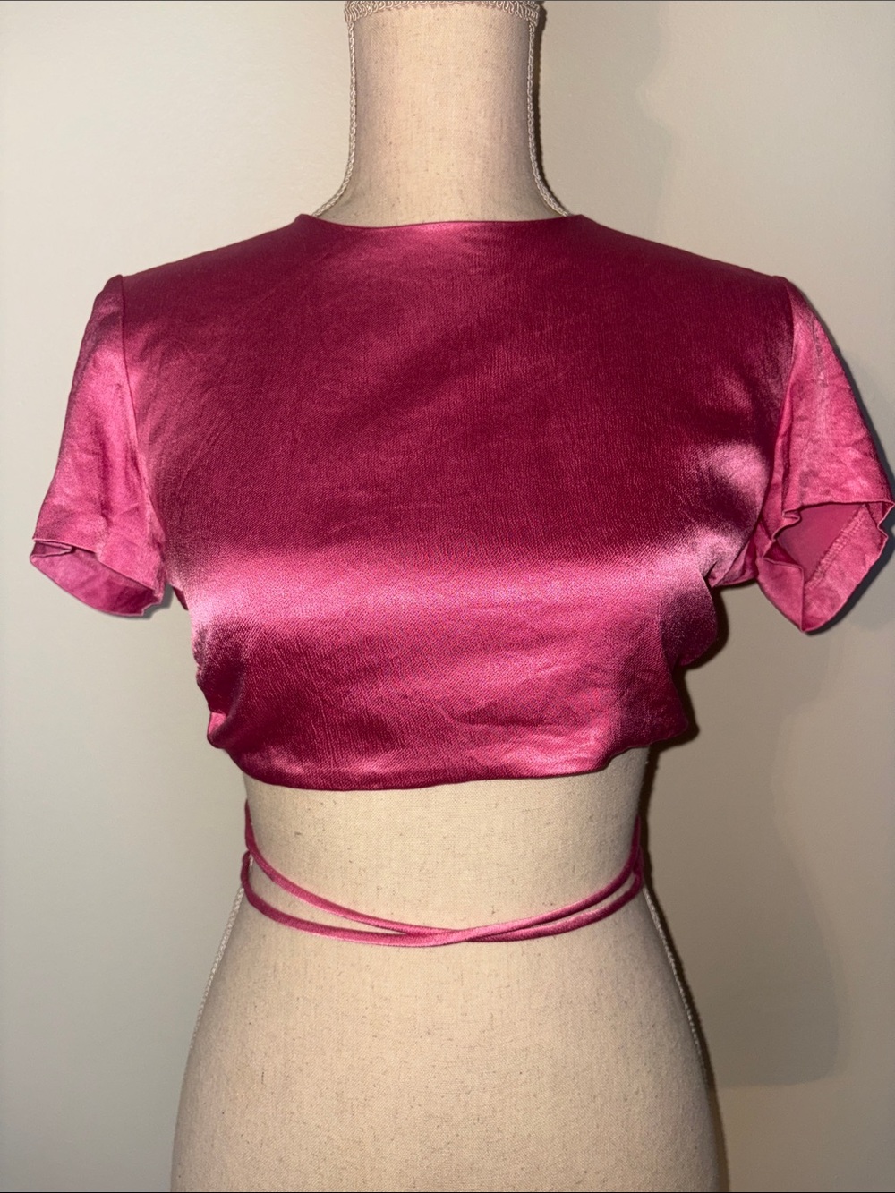 Zara Fuchsia Satin Short-Sleeve Crop Top with Wrap Tie
